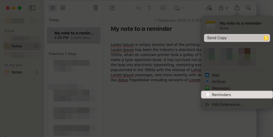 Click the dropdown under the Notes app icon, pick Send Copy, and choose Reminders