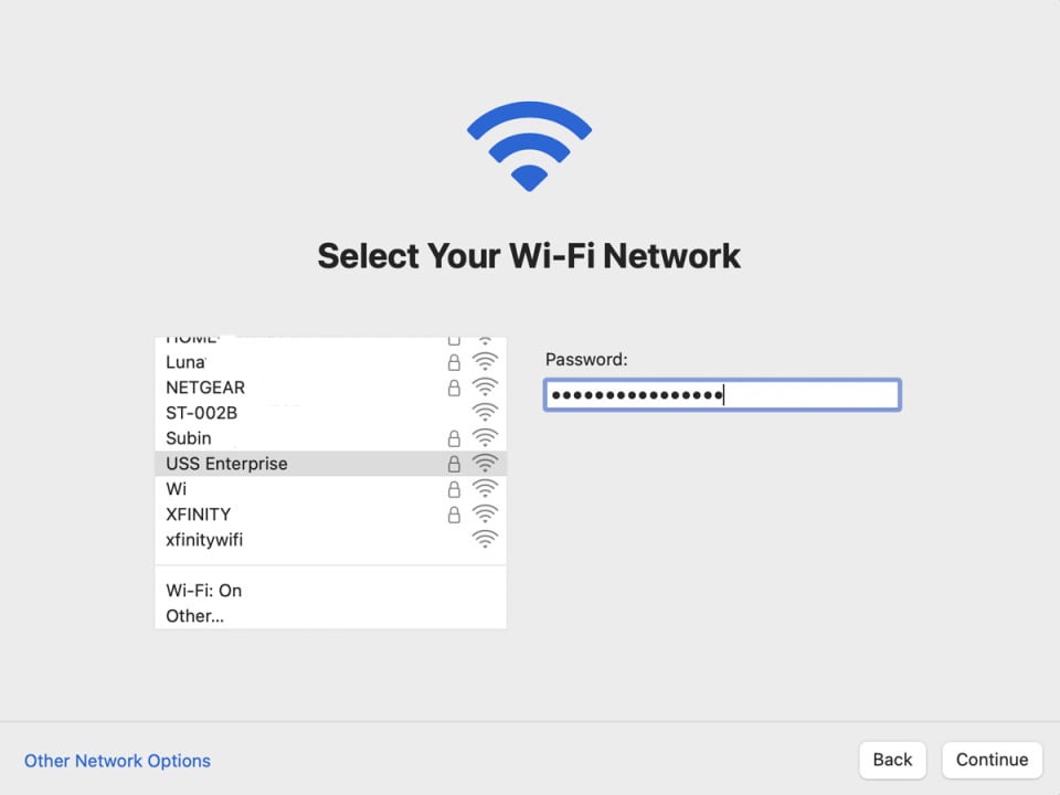 Connect to Wifi set up new Mac