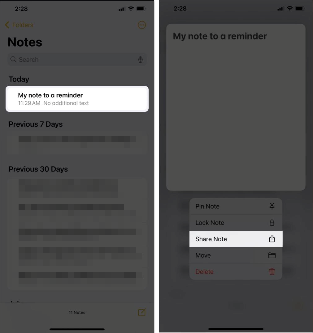 Press and hold the note and tap Share Note