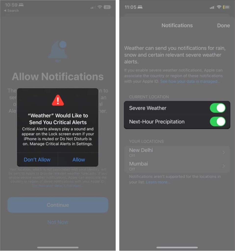 Allowing weather alerts in the Weather app
